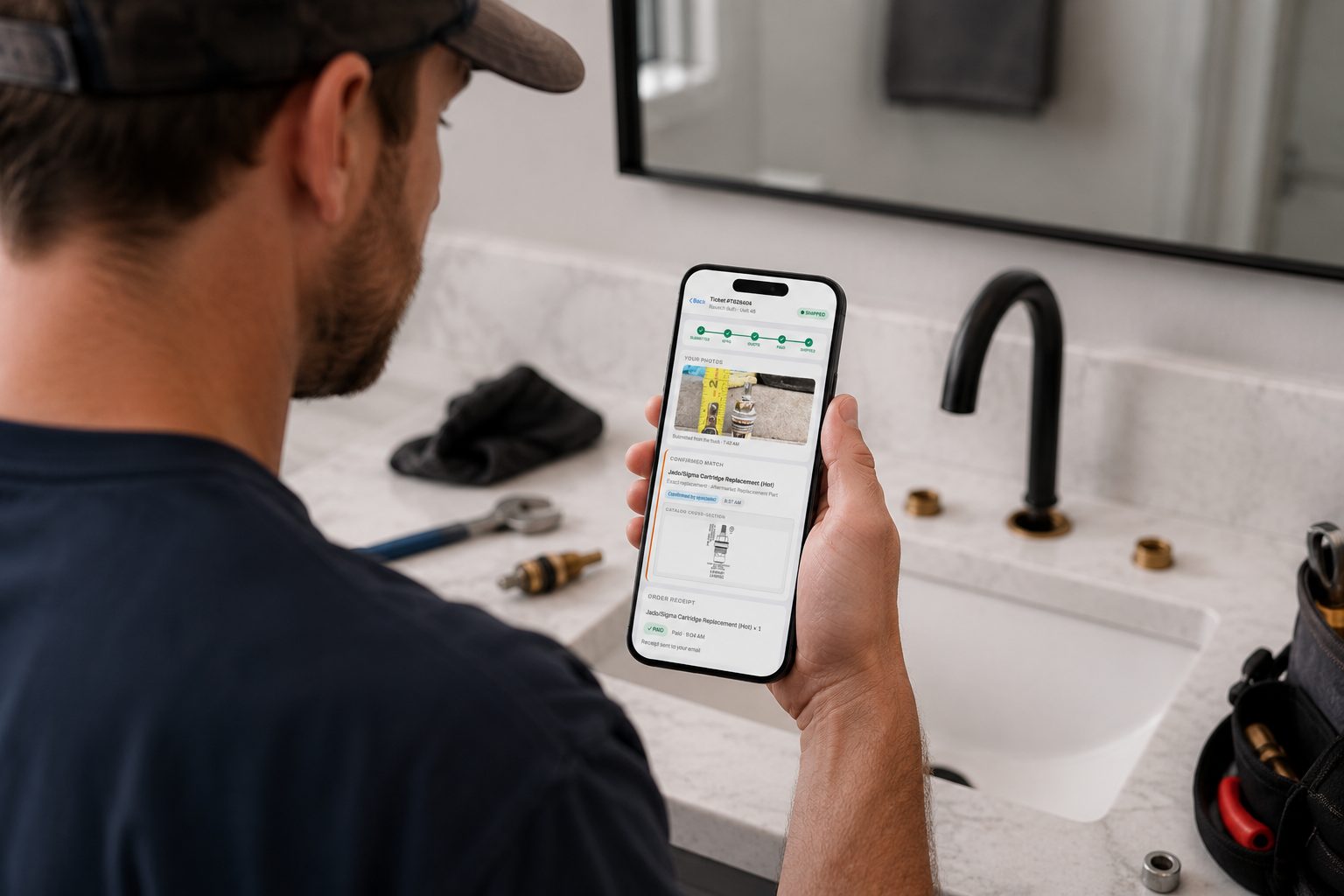 Plumber submitting a cartridge photo on the CartridgeID app at a bathroom vanity