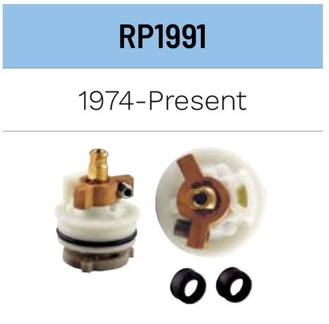 Delta RP1991 cartridge for the 1600 series, a short white body with a brass stem and a metal lever on top, shown with two rubber seats.